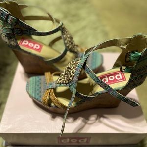 4 inch light blue and tan beaded wedge sandal.